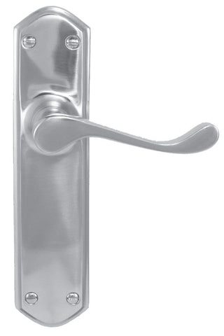 Metal door handle and plate on a white background