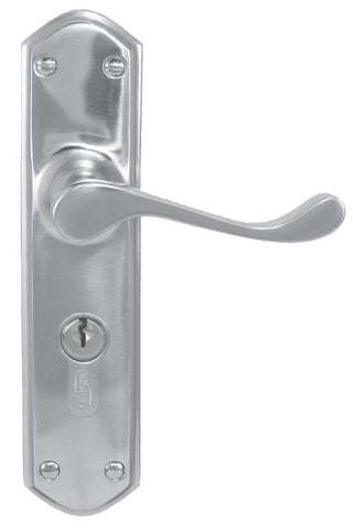 Metal door handle with lock on a white background