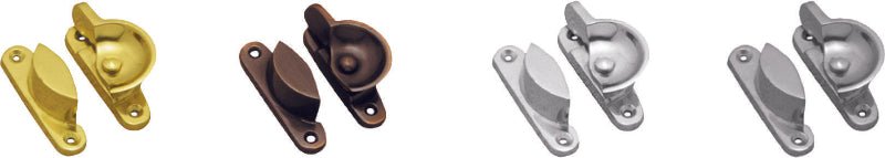 Set of window sash locks in various colors including yellow, bronze, silver, and gray.