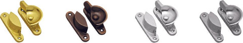 Set of window sash locks in various colors including yellow, bronze, silver, and gray.