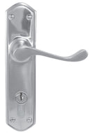 Metal door handle with keyhole on a white background