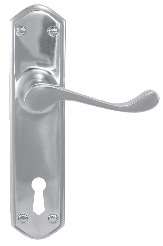 Metal door handle with keyhole on a white background