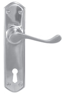 Metal door handle with keyhole on a white background