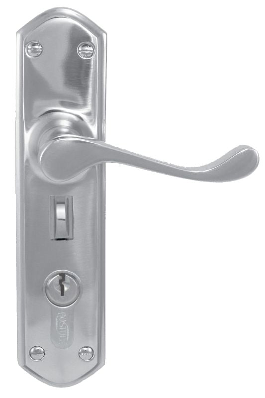 Metal door handle with keyhole on a white background