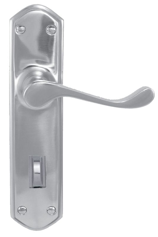 Metal door handle with lock on a white background
