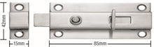 Superior Brass Patio Bolt Exposed Fix 304 Stainless Steel Satin 85x40mm 15mm Bolt Throw Satin Stainless Steel 85x40mm (15mm Bolt Throw)