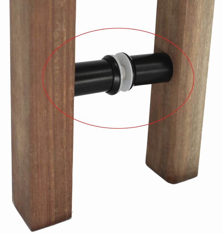 Wooden furniture leg with black metal connector and white washer, circled in red.