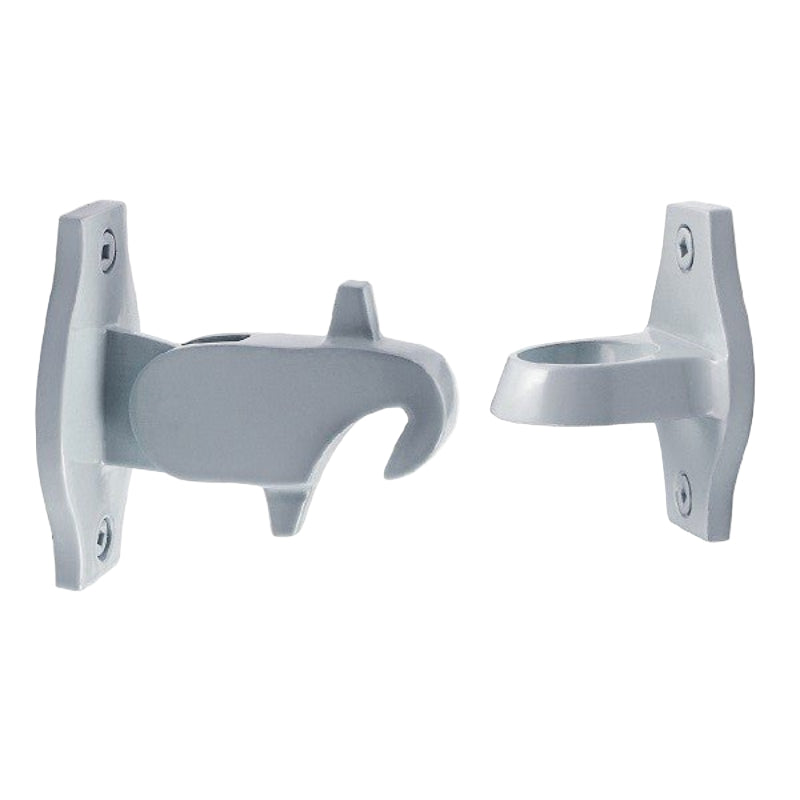 Pair of silver metal brackets on a white background