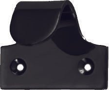 Black metal bracket with two screws on a white background