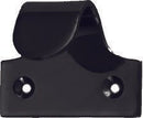 Black metal bracket with two screws on a white background