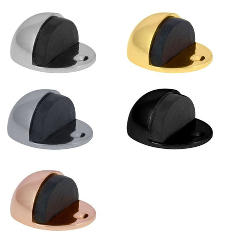 Five door stoppers in different colors on a white background