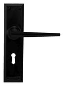 Black door handle with keyhole on a white background