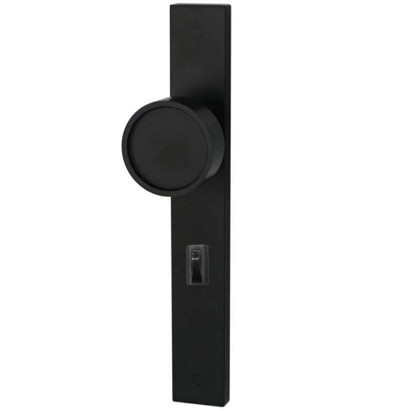 Black door handle and lock mechanism on a white background