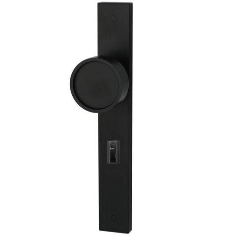 Black door handle and lock mechanism on a white background
