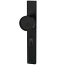 Black door handle and lock mechanism on a white background