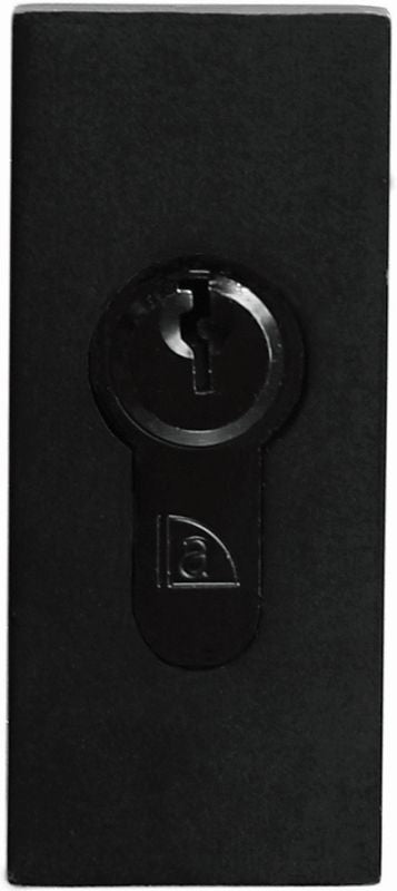 Black rectangular object with a circular component and logo on a white background