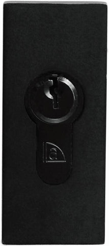 Black rectangular object with a circular component and logo on a white background