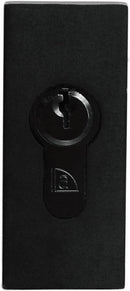 Black rectangular object with a circular component and logo on a white background