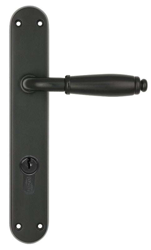 Black door handle with lock mechanism on a white background