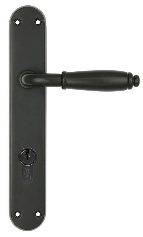 Black door handle with lock mechanism on a white background