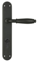 Black door handle with lock mechanism on a white background