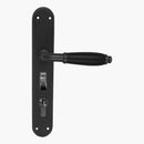 Black door handle with lock mechanism on a white background