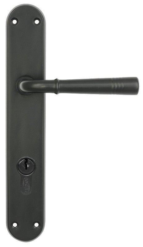 Black door handle with lock on a white background