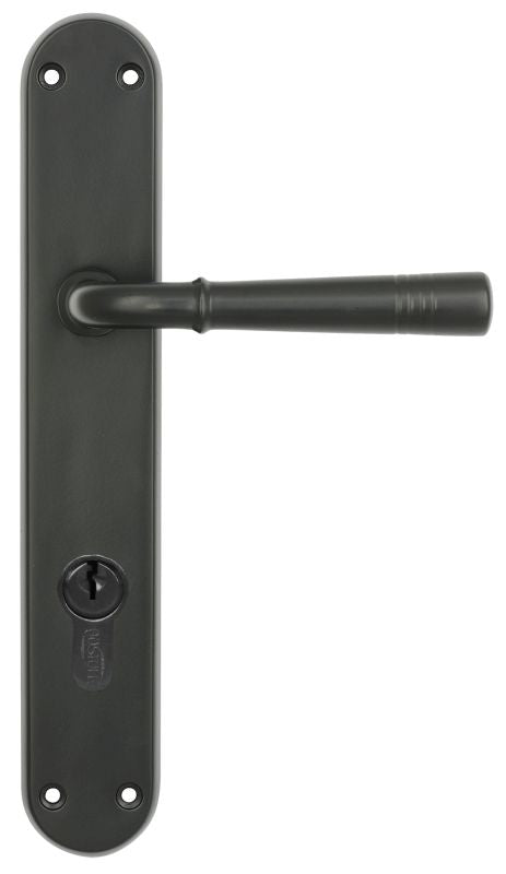 Black door handle with lock mechanism on a white background