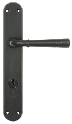 Black door handle with lock mechanism on a white background