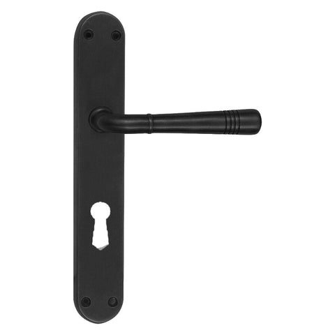 Black door handle with keyhole on a white background