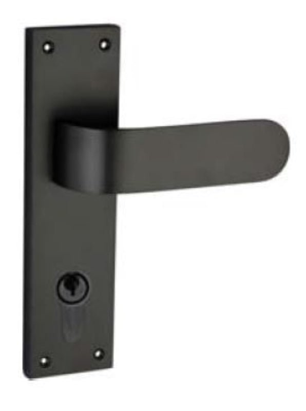 Black door handle with keyhole on a white background