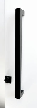 Black door handle on a white door