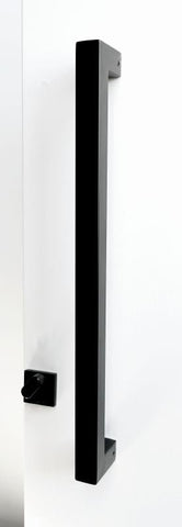 Black door handle on a white door