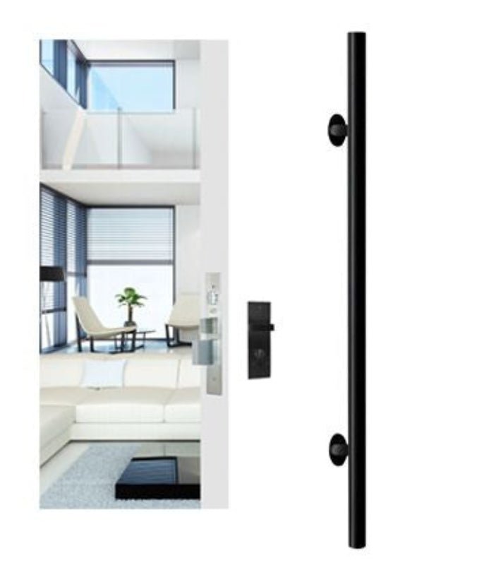 Black door handle on a white background with a modern interior setting.