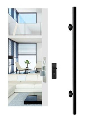 Black door handle on a white background with a modern interior setting.