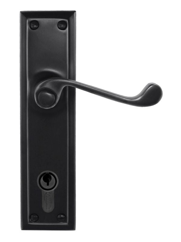 Black door handle with lock mechanism on a white background
