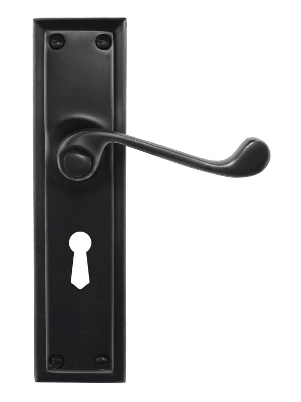 Black door handle with keyhole on a white background