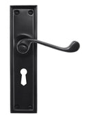 Black door handle with keyhole on a white background