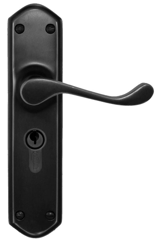 Black door handle with lock mechanism on a white background