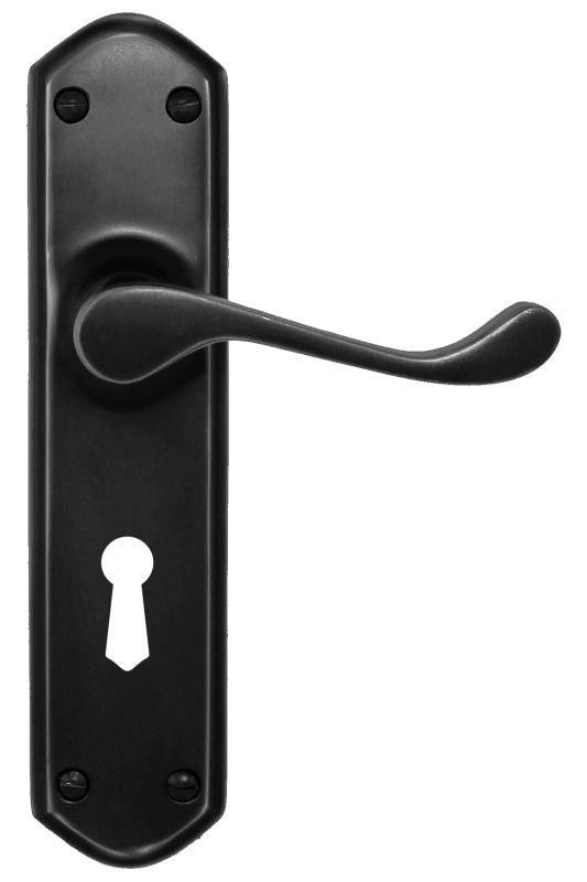 Black door handle with keyhole on a white background