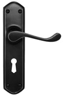 Black door handle with keyhole on a white background