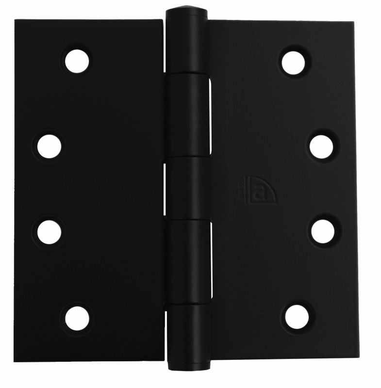 Black door hinge with visible brand logo on a white background