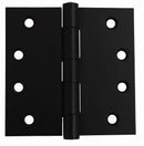 Black door hinge with visible brand logo on a white background