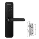 Black digital door lock with measurement details on a white background