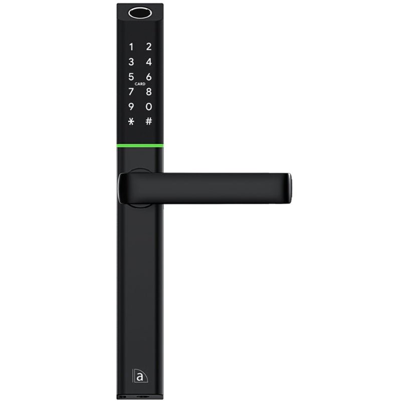 Black digital door handle with numeric keypad on a white background