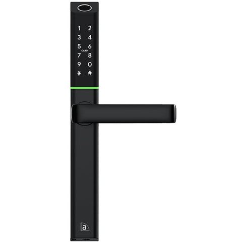 Black digital door handle with numeric keypad on a white background