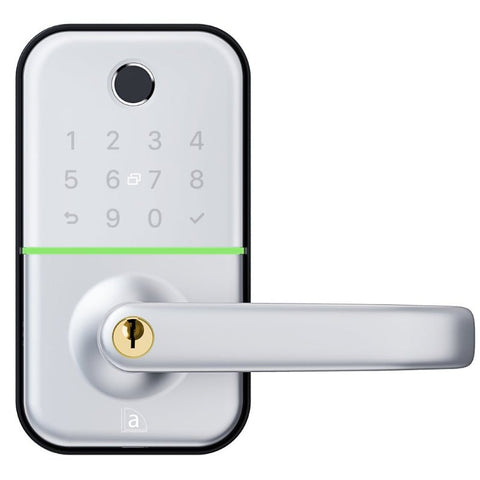 Digital door lock with keypad and white handle on a white background