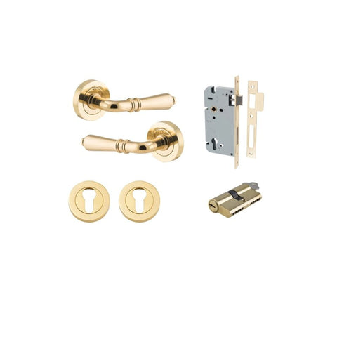 Iver Sarlat Solid Brass Door Lever on Round Rose | Entrance Kit (Key/Key) | 10 Finishes - Polished Brass