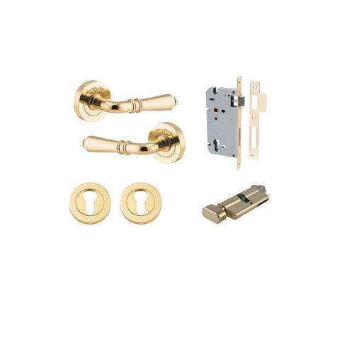 Iver Sarlat Solid Brass Door Lever on Round Rose | Entrance Kit (Key/Thumb) | 10 Finishes - Polished Brass
