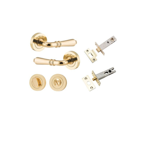 Iver Sarlat Solid Brass Door Lever on Round Rose | Separate Privacy Kit | 10 Finishes - Polished Brass